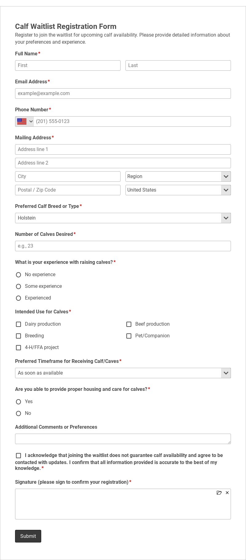 Calf Waitlist Registration Form Template form template