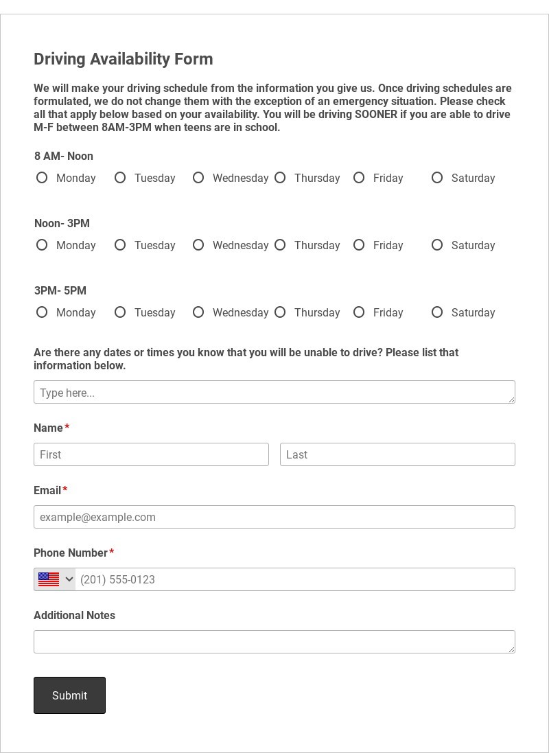 Driving Availability Form Template form template