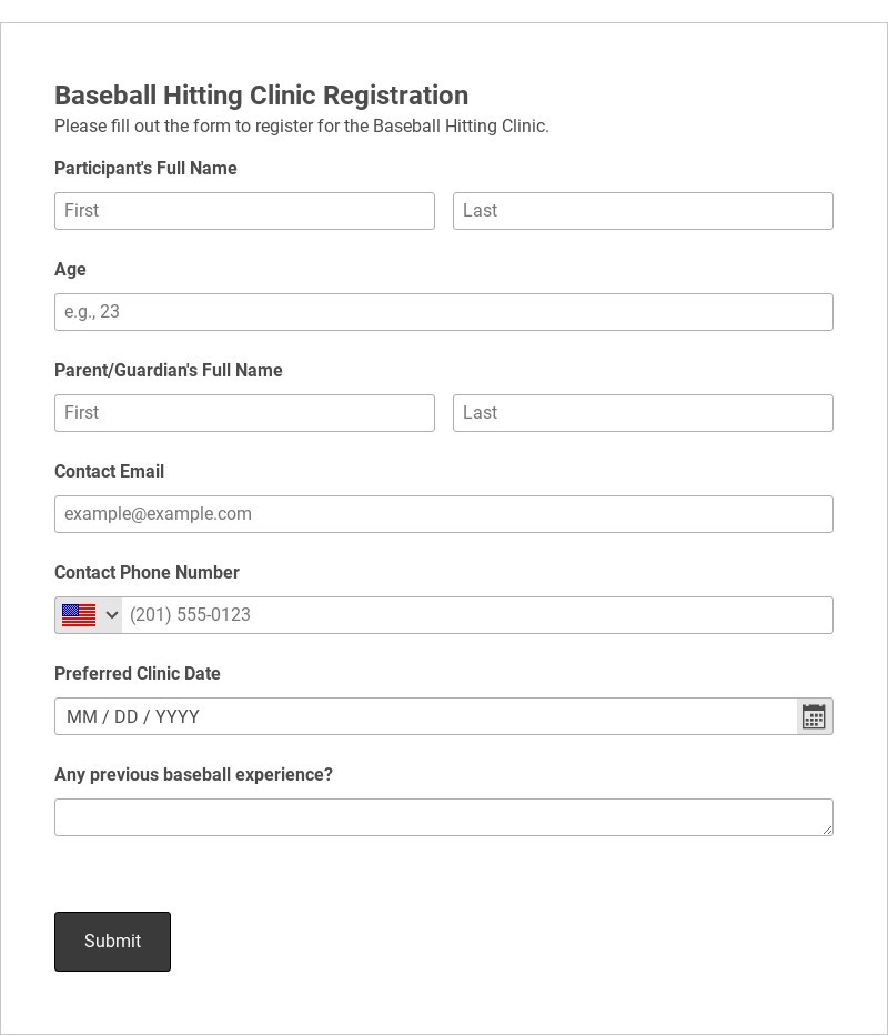 Baseball Hitting Clinic Registration Template form template
