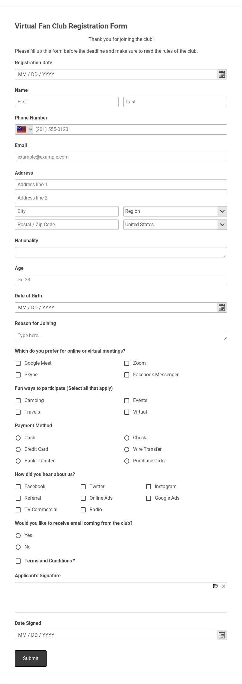 Virtual Fan Club Registration Form Template form template