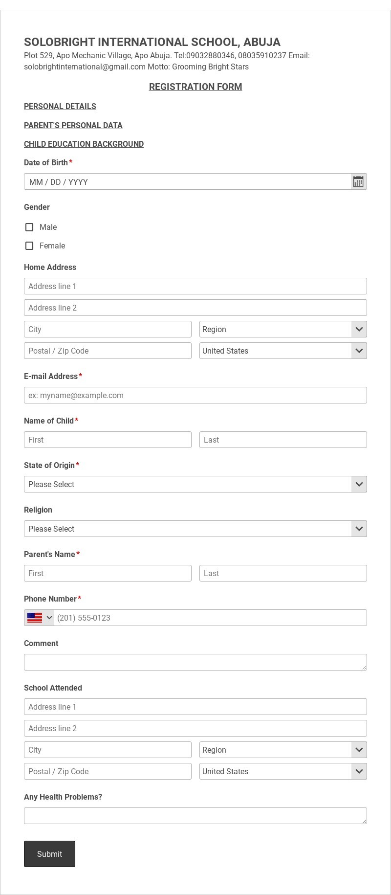 Nigeria School Admission Form Template form template