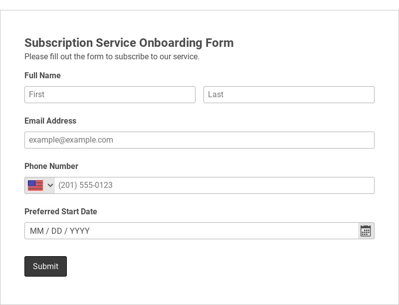 Subscription Service Onboarding Form Template form template