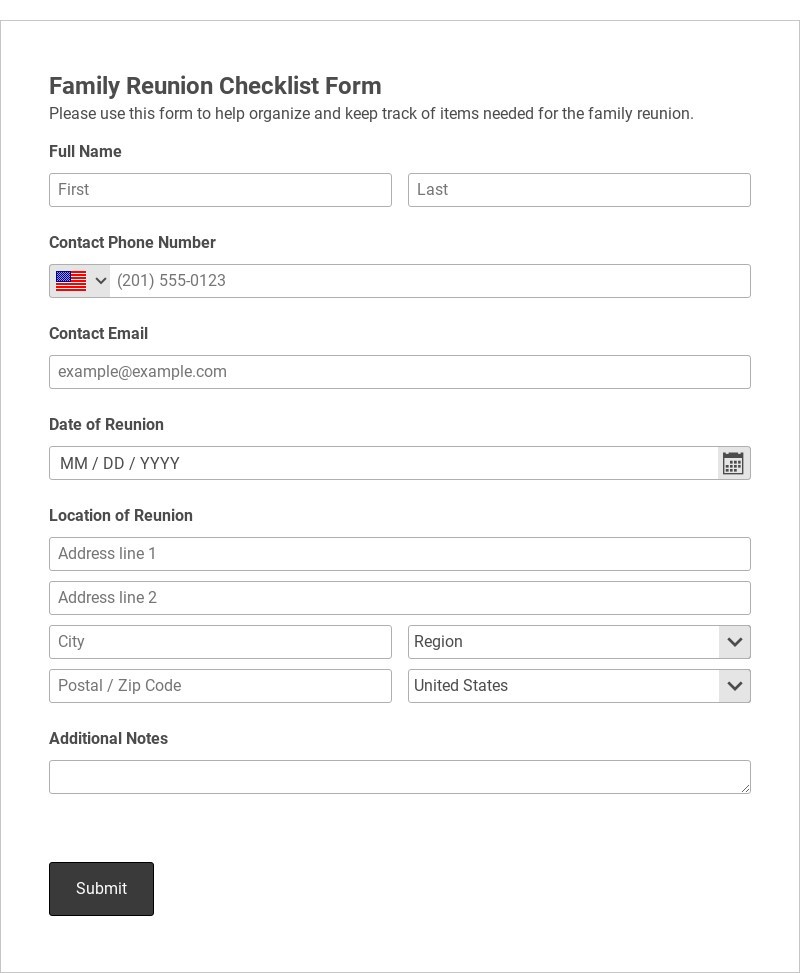 Family Reunion Checklist Form Template form template
