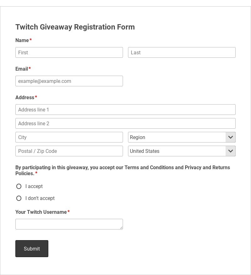 Twitch Giveaway Registration Form Template form template