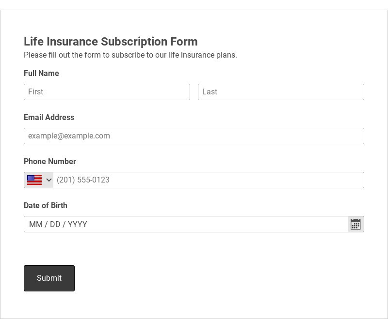 Life Insurance Subscription Form Template form template