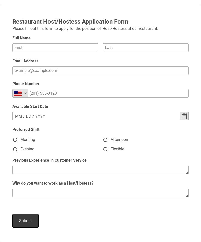 Restaurant Host/Hostess Application Form Template form template