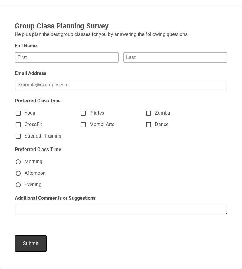 Group Class Planning Survey Template form template