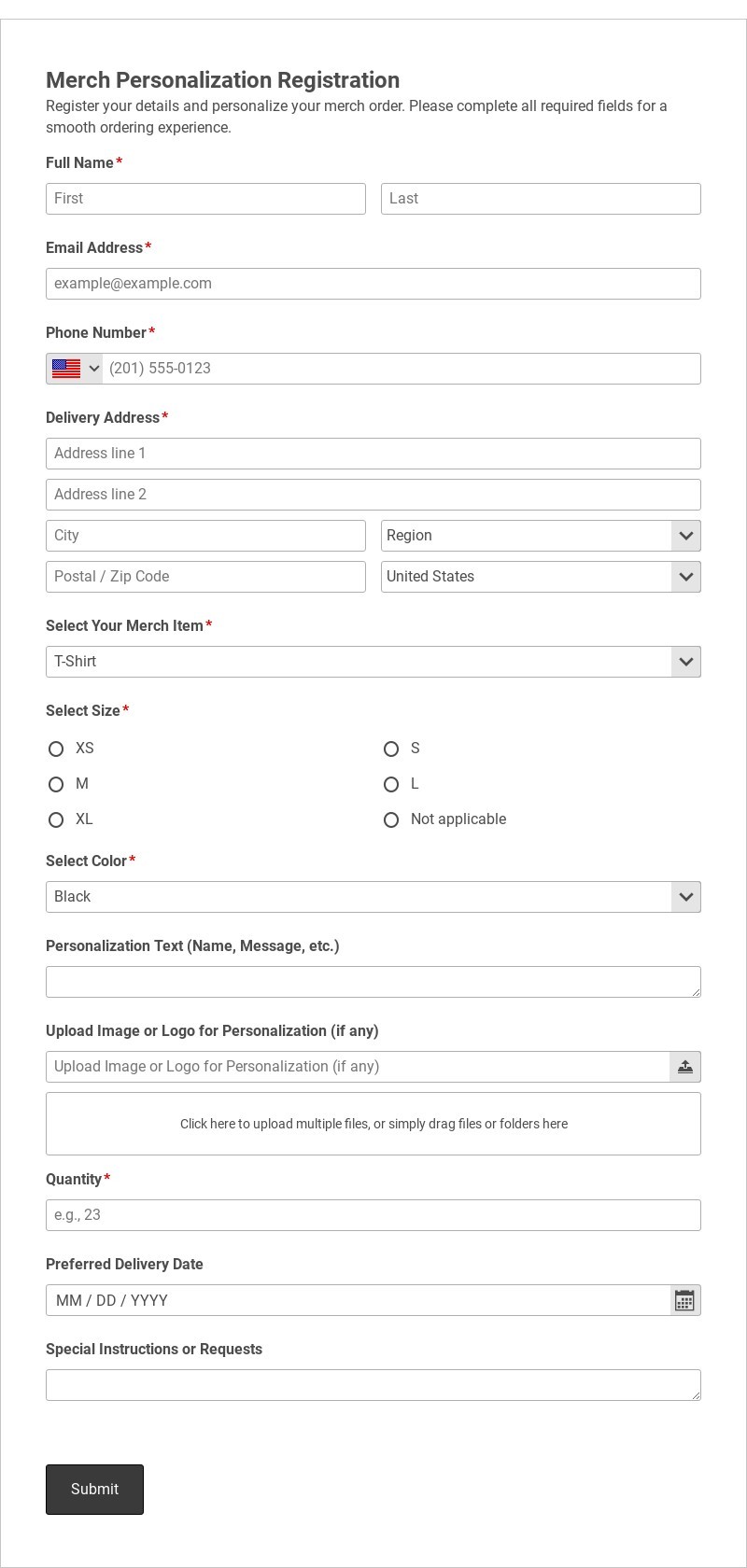 Merch Personalization Registration Template form template