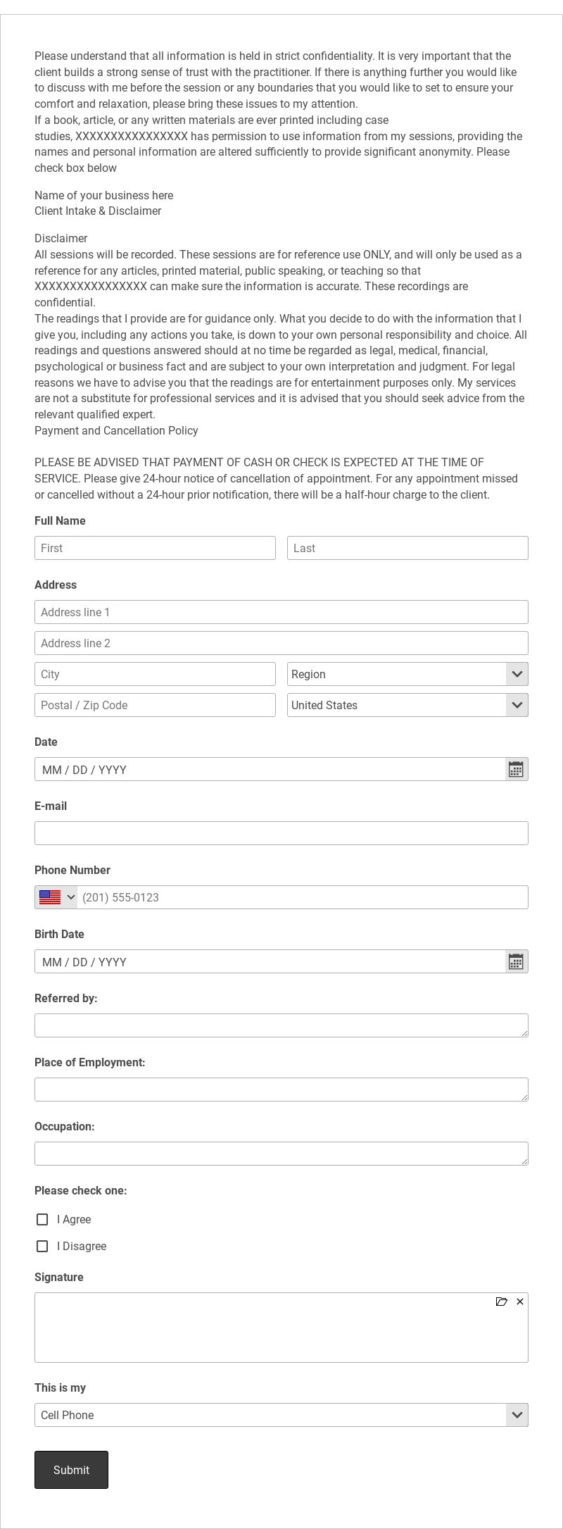 Intuitive Energy Healing Client Intake and Disclaimer Form Template form template