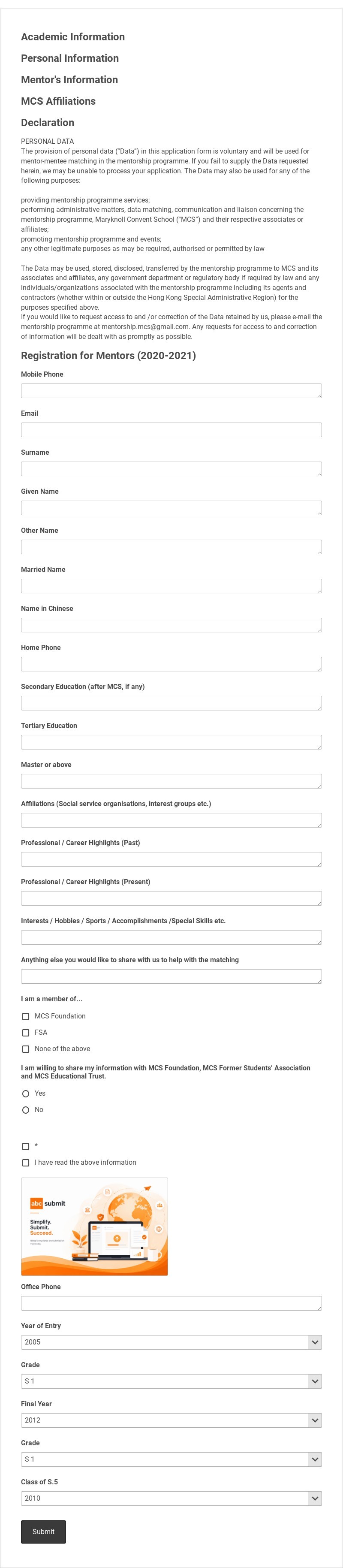 MCS Mentorship 17-19 - Registration for Mentors Template form template