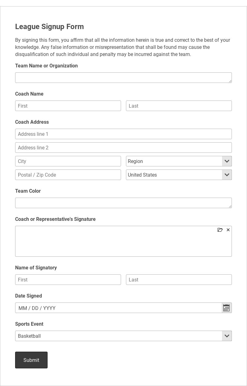 League Signup Form Template