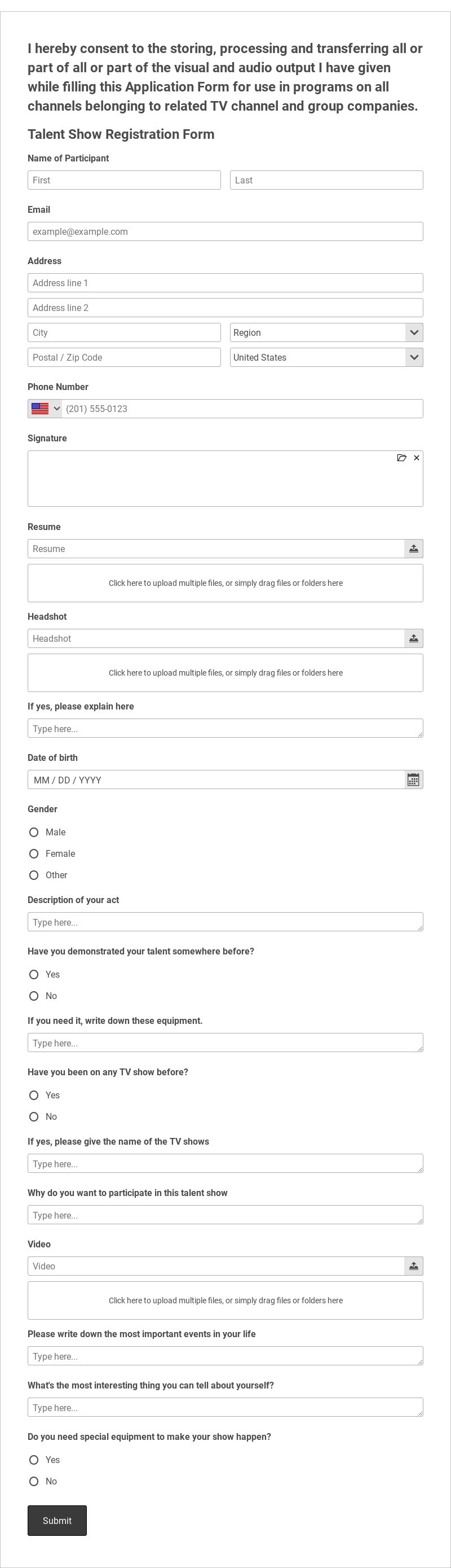 Talent Show Registration Form Template form template