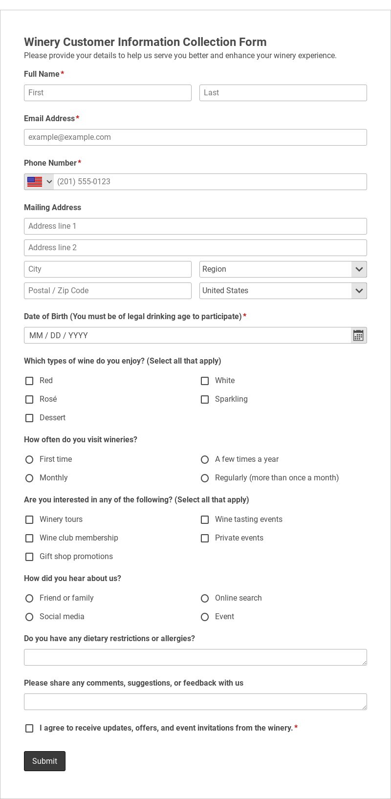 Winery Customer Information Collection Form Template form template