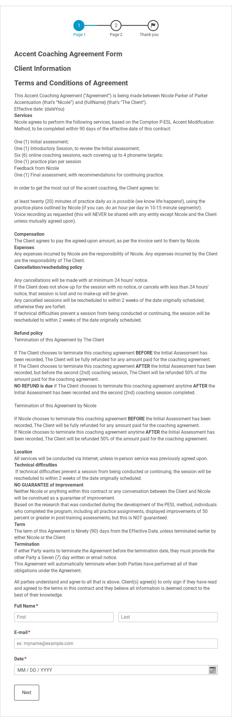Accent Coaching Agreement Form Template form template