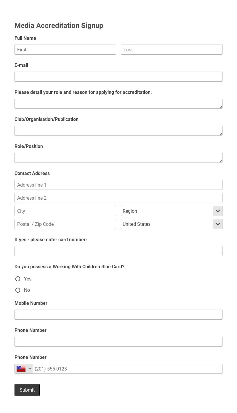 Media Accreditation Signup Form Template form template