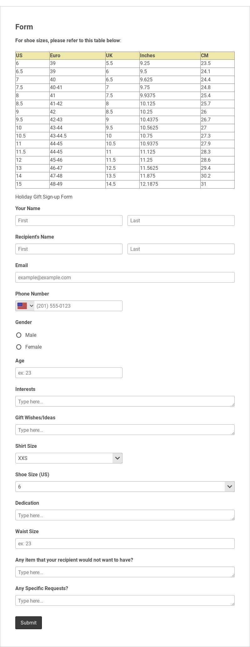 Holiday Gift Sign-up Form Template