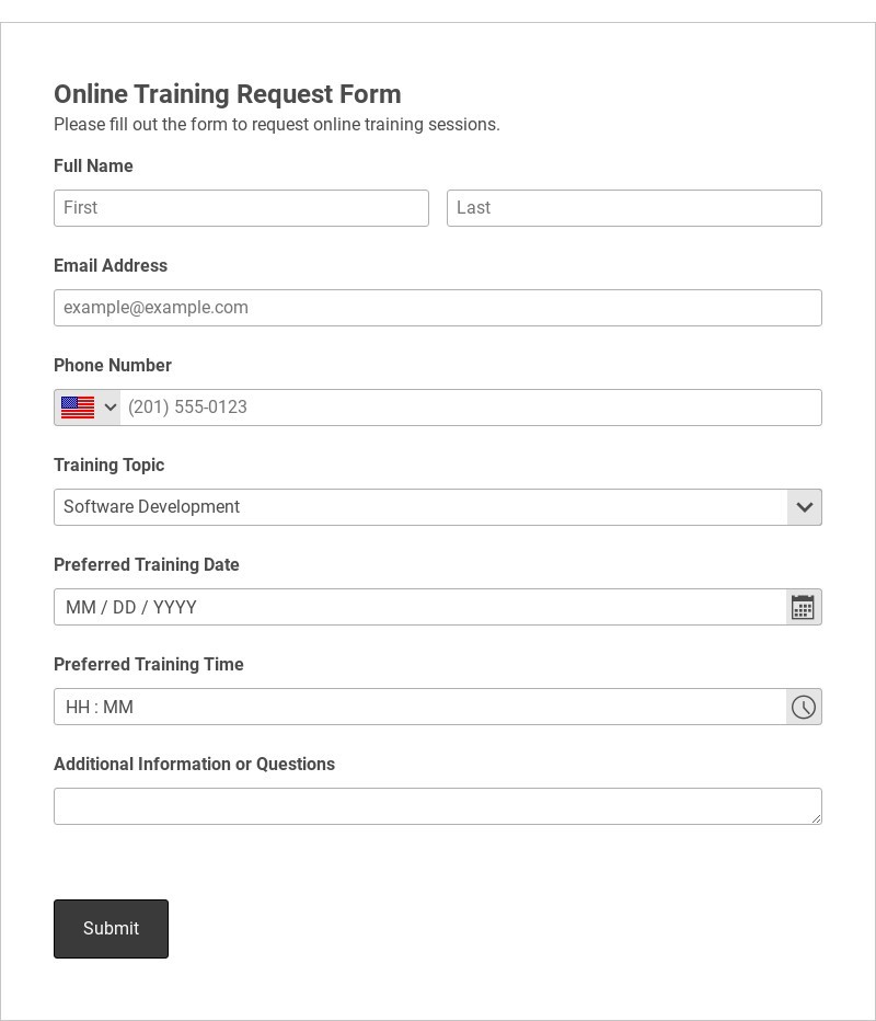 Online Training Request Form Template form template