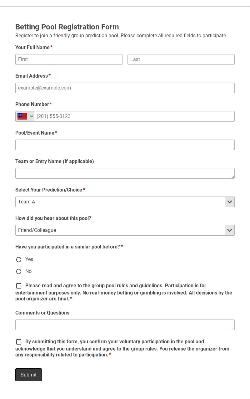 Betting Pool Registration Form Template form template