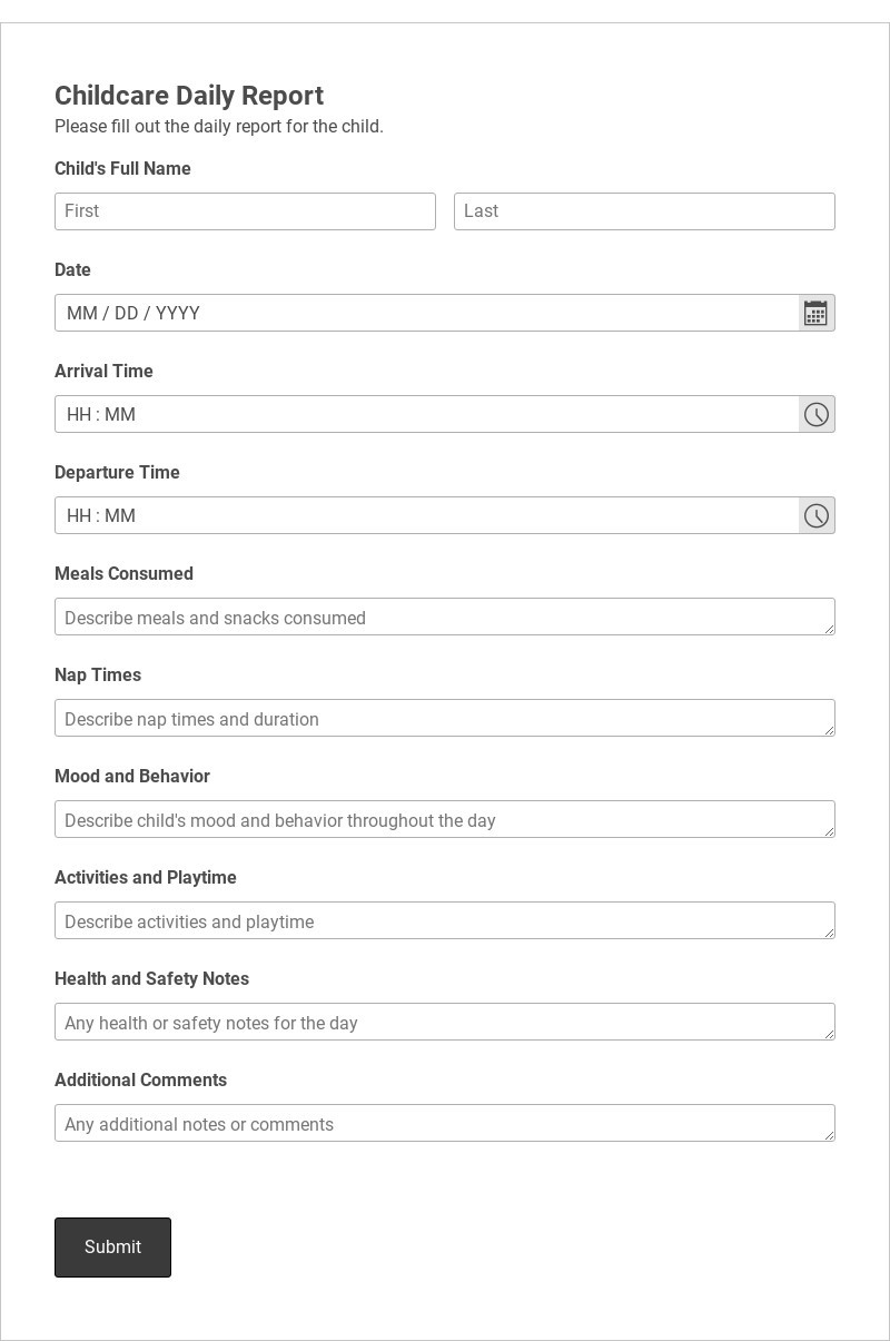 Childcare Daily Report Template form template