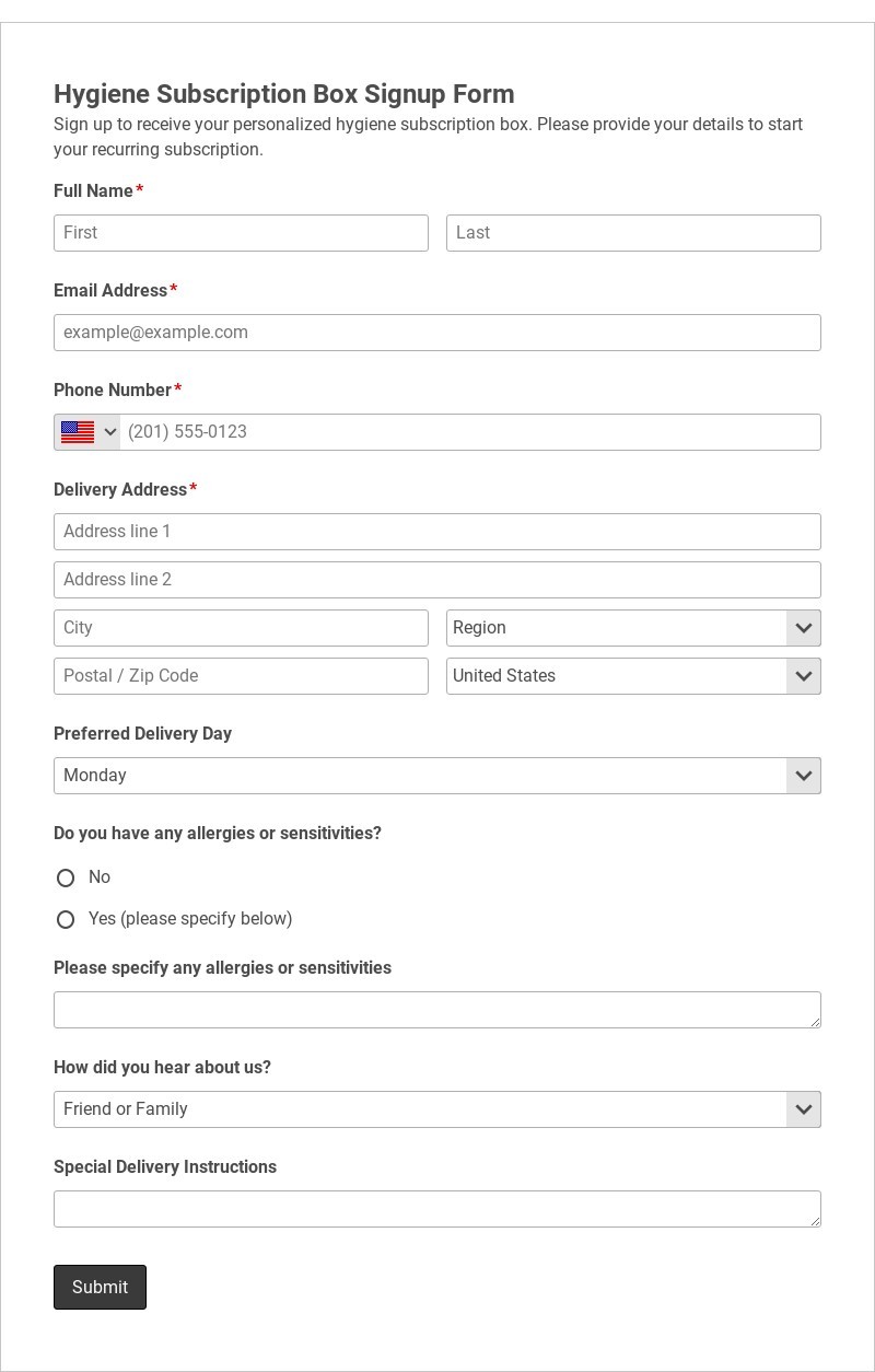 Hygiene Subscription Box Signup Form Template form template