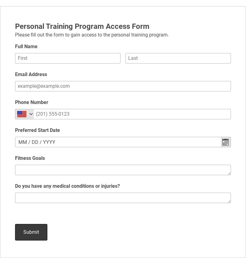 Personal Training Program Access Form Template form template