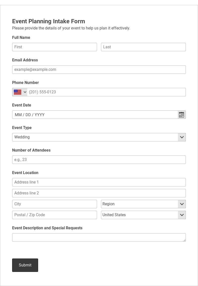 Event Planning Intake Form Template form template