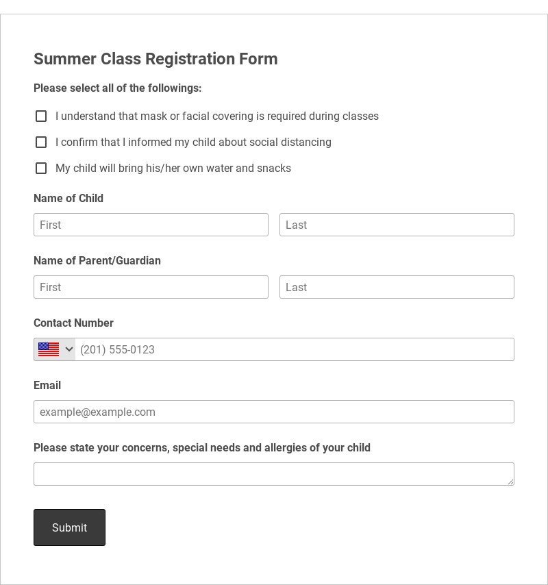 Summer Class Registration Form Template form template
