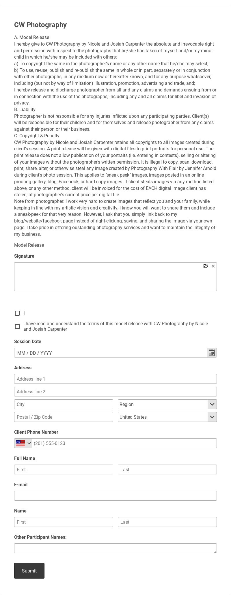 Photo Model Release Template form template