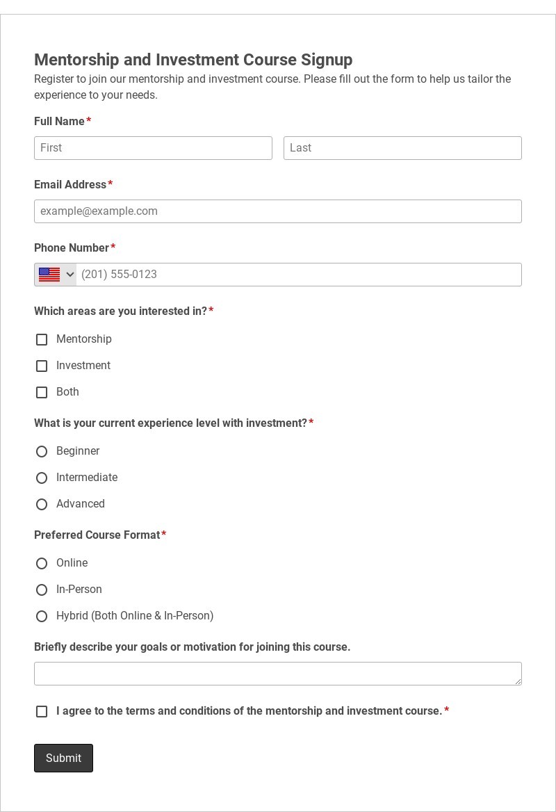 Mentorship and Investment Course Signup Template form template