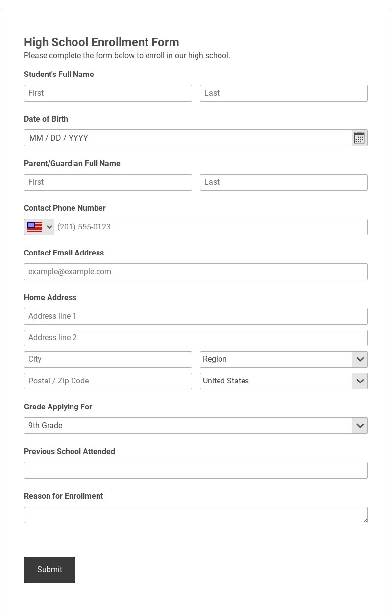 High School Enrollment Form Template form template