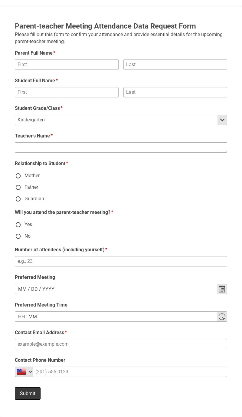 Parent-Teacher Meeting Attendance Data Request Form Template