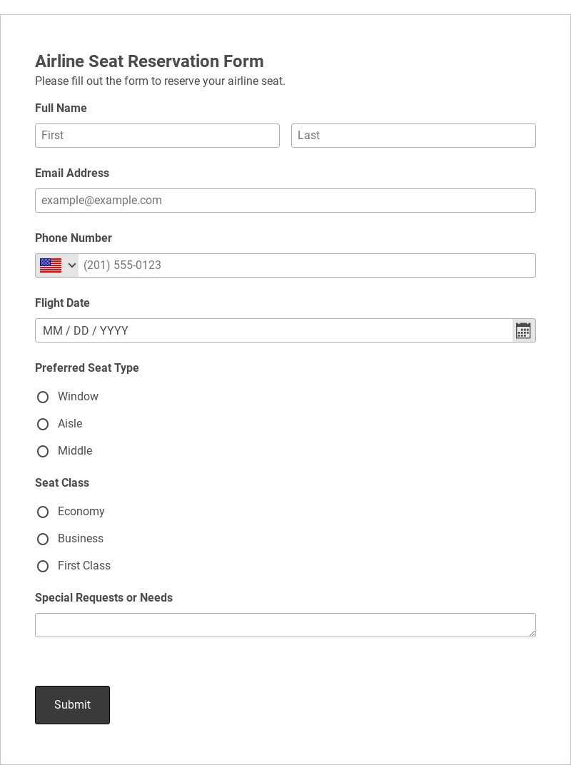 Airline Seat Reservation Form Template form template