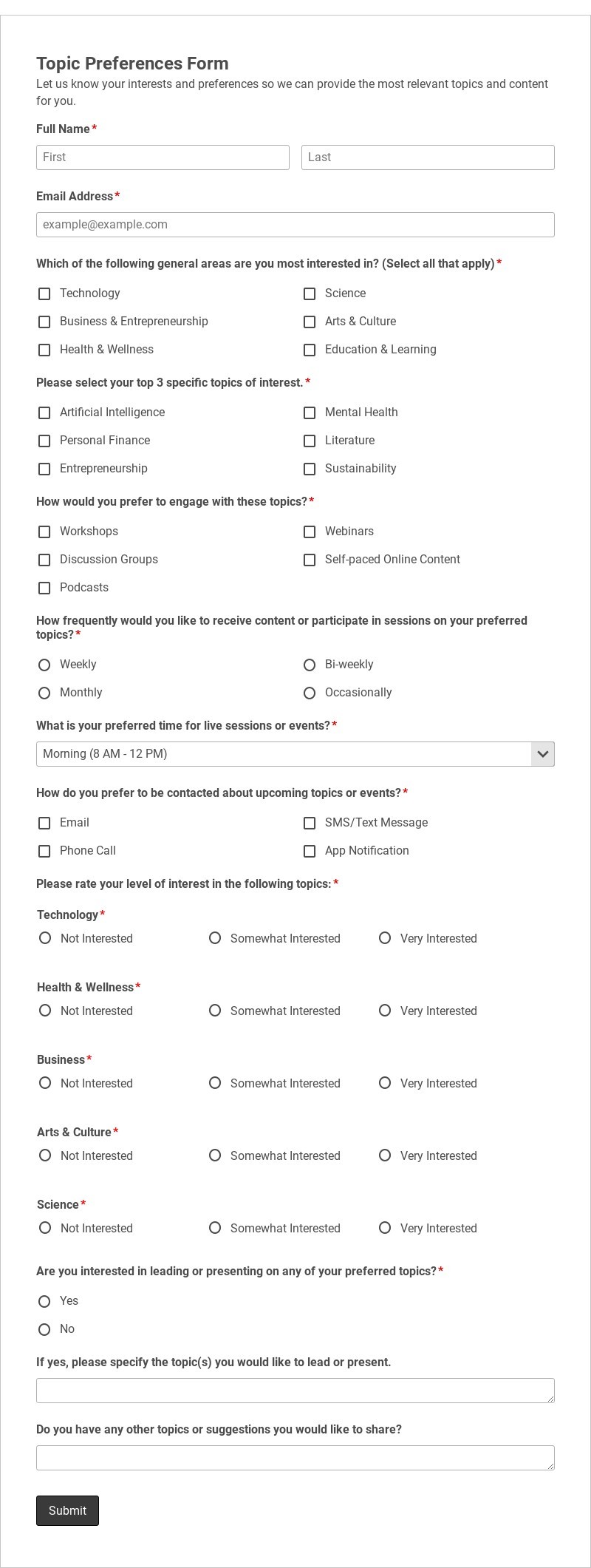 Topic Preferences Form Template form template