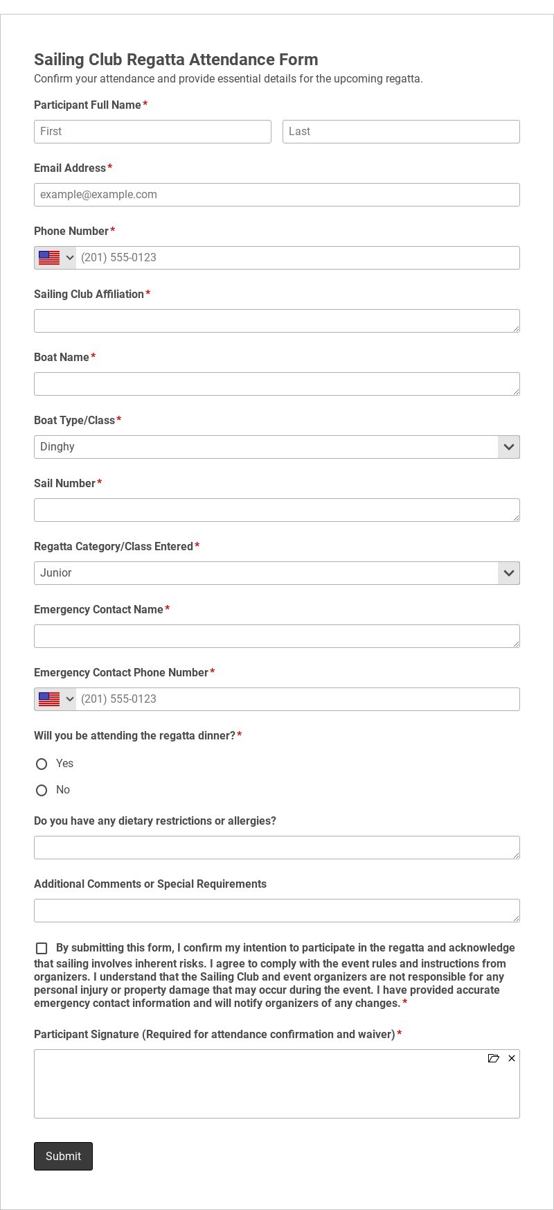 Sailing Club Regatta Attendance Form Template