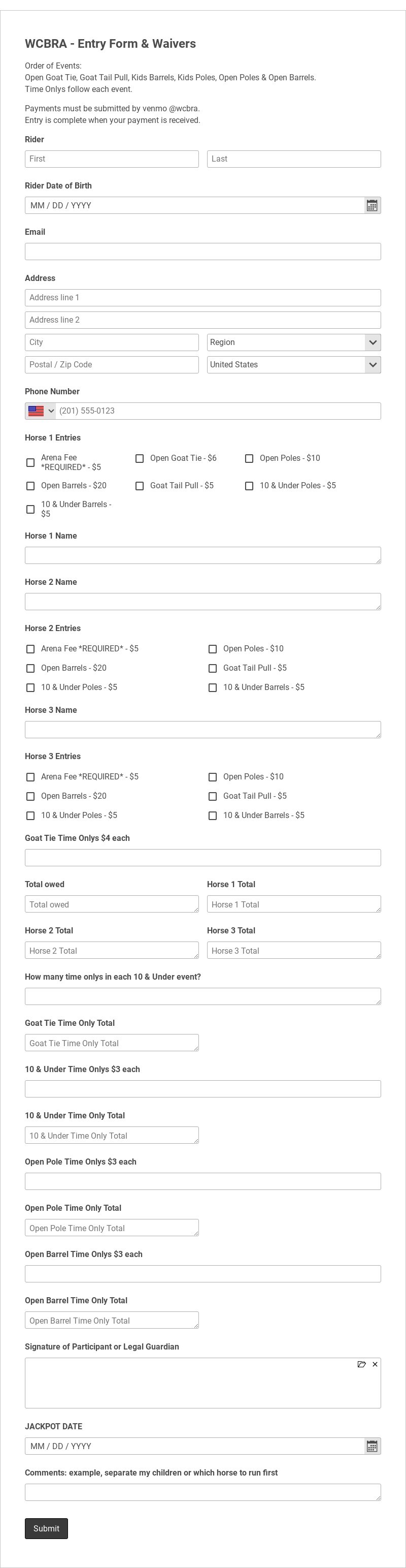 WCBRA Entry Form Template form template