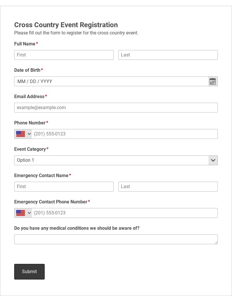 Cross Country Event Registration Template form template