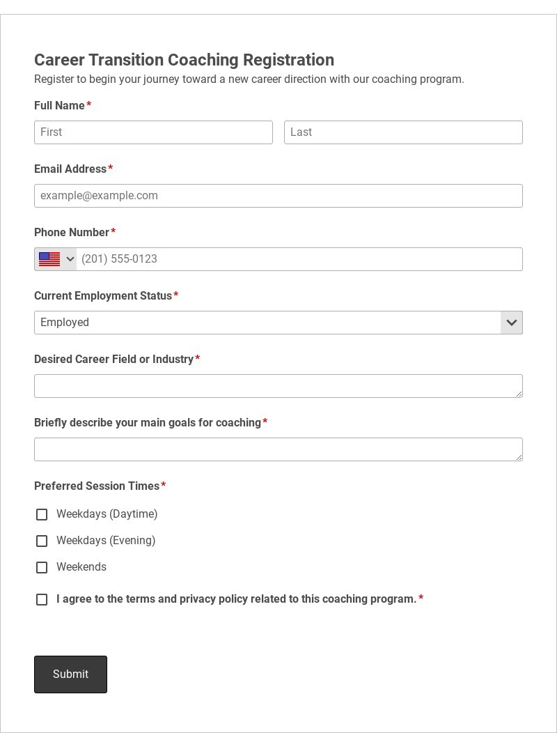 Career Transition Coaching Registration Template form template