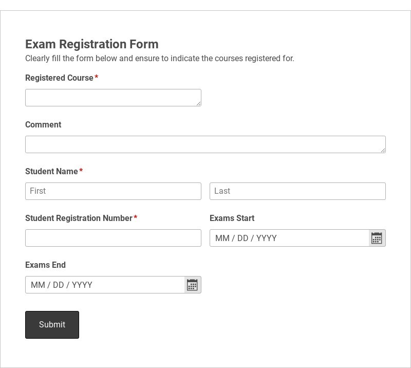 Exam Registration Form Template form template