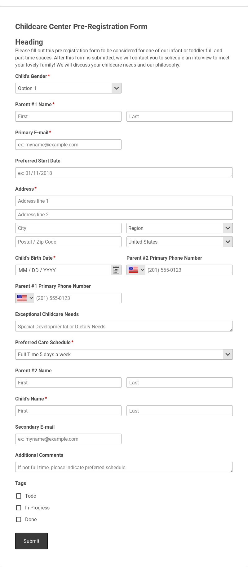 Childcare Center Pre-Registration Form Template form template