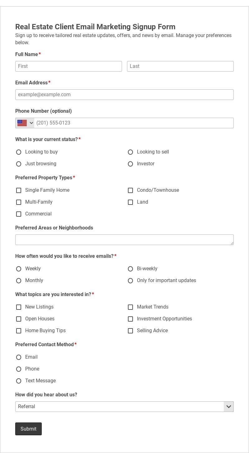 Real Estate Client Email Marketing Signup Form Template form template