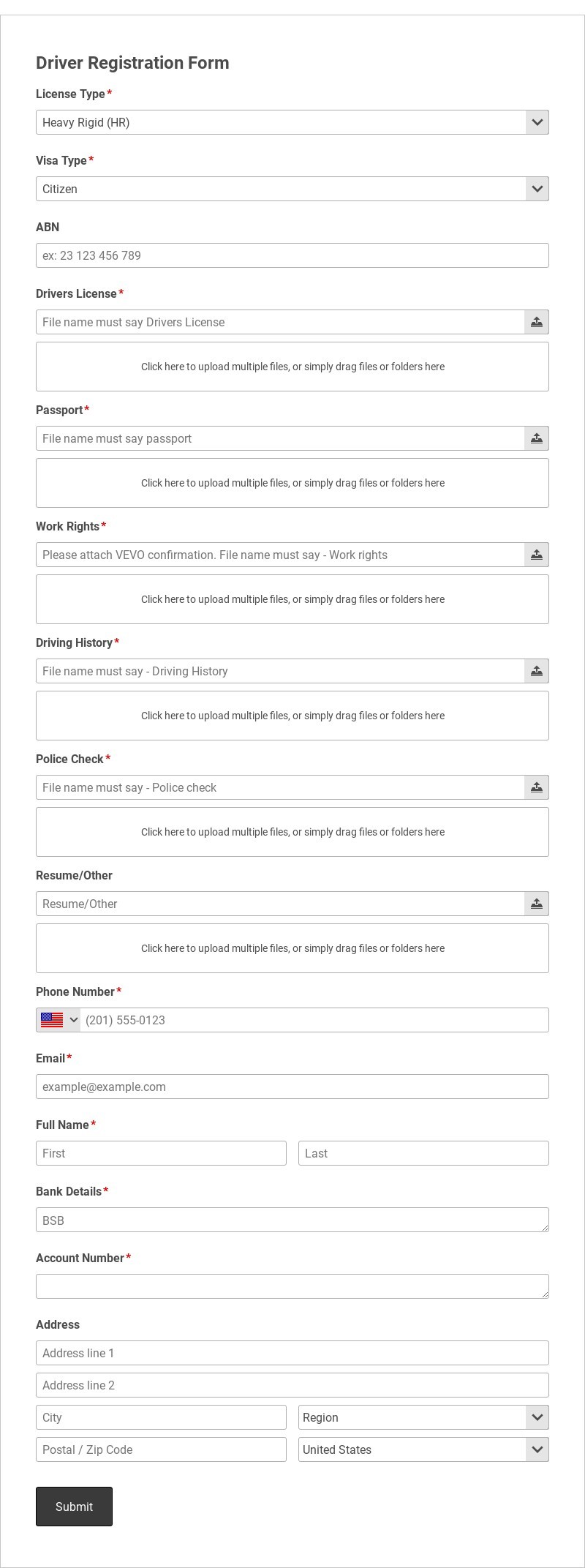 Driver Registration Form Template form template