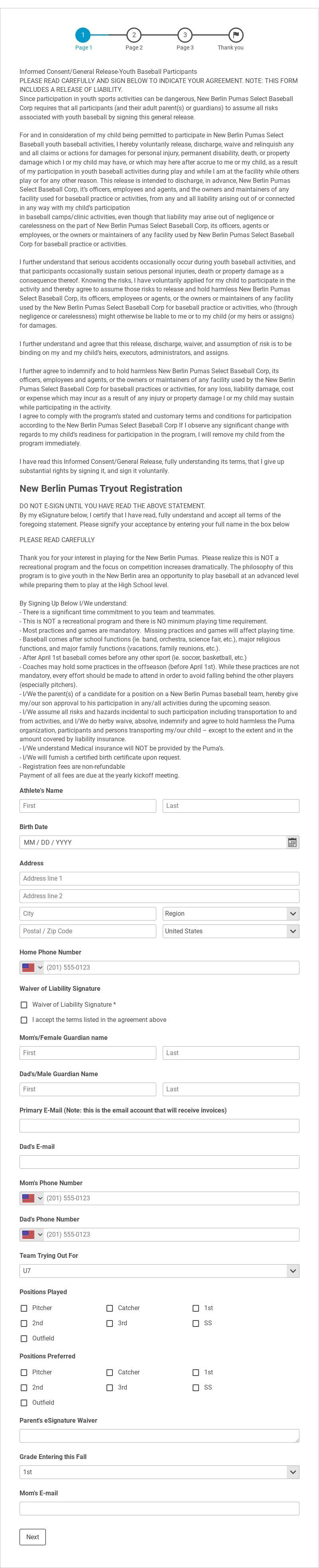 2018 Season New Berlin Pumas Tryout Template form template