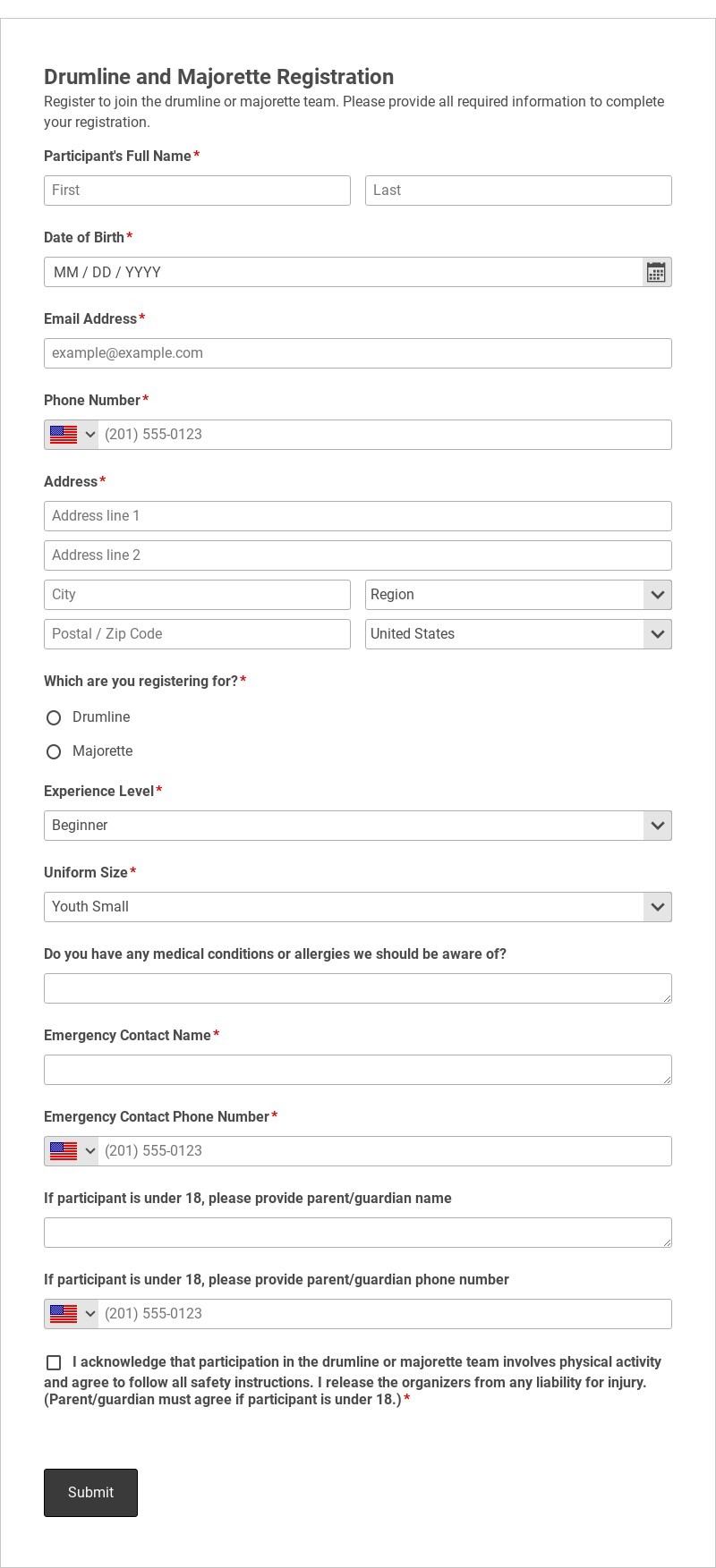 Drumline and Majorette Registration Template form template