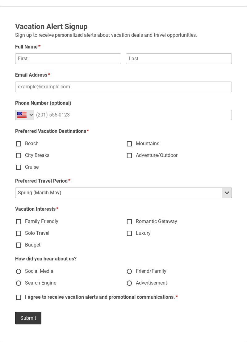 Vacation Alert Signup Template form template