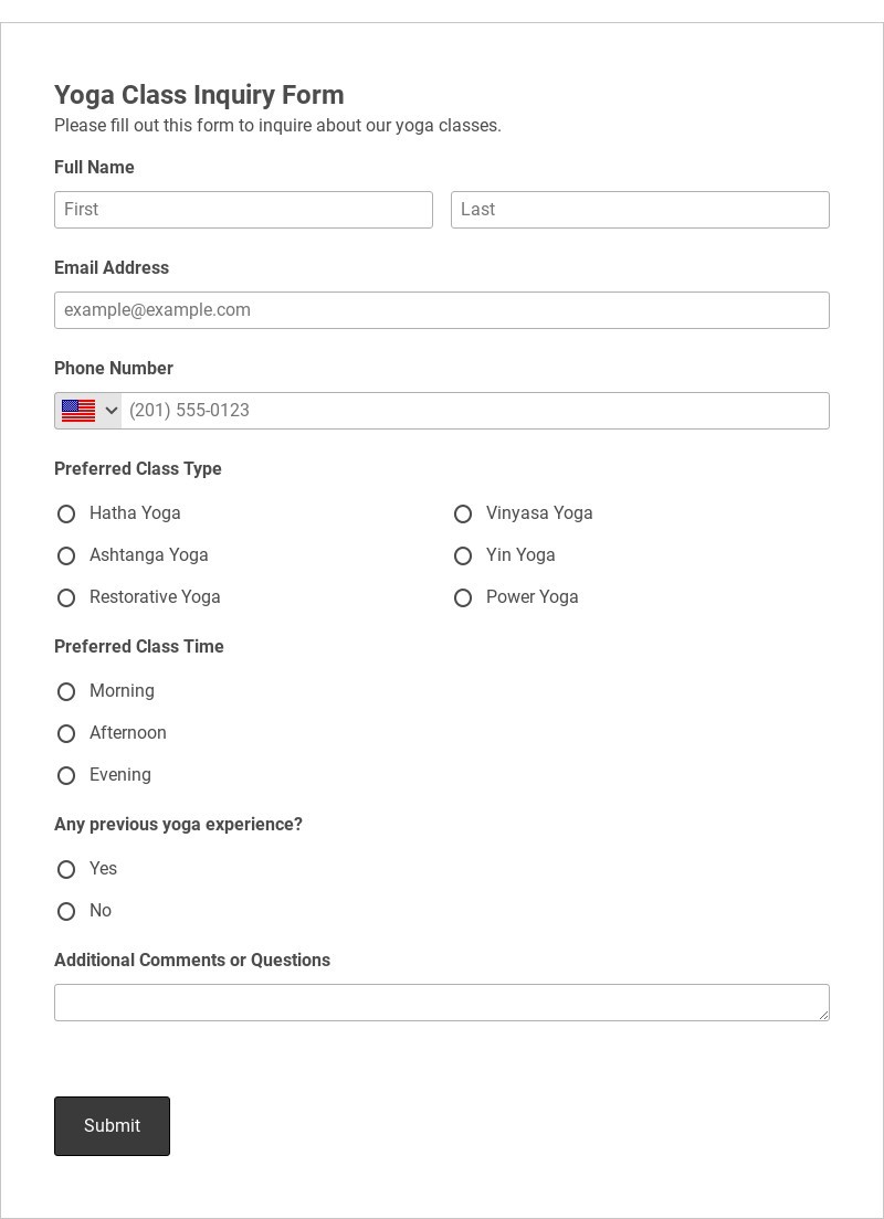 Yoga Class Inquiry Form Template form template