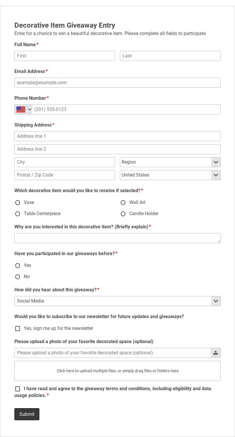 Decorative Item Giveaway Entry Template form template