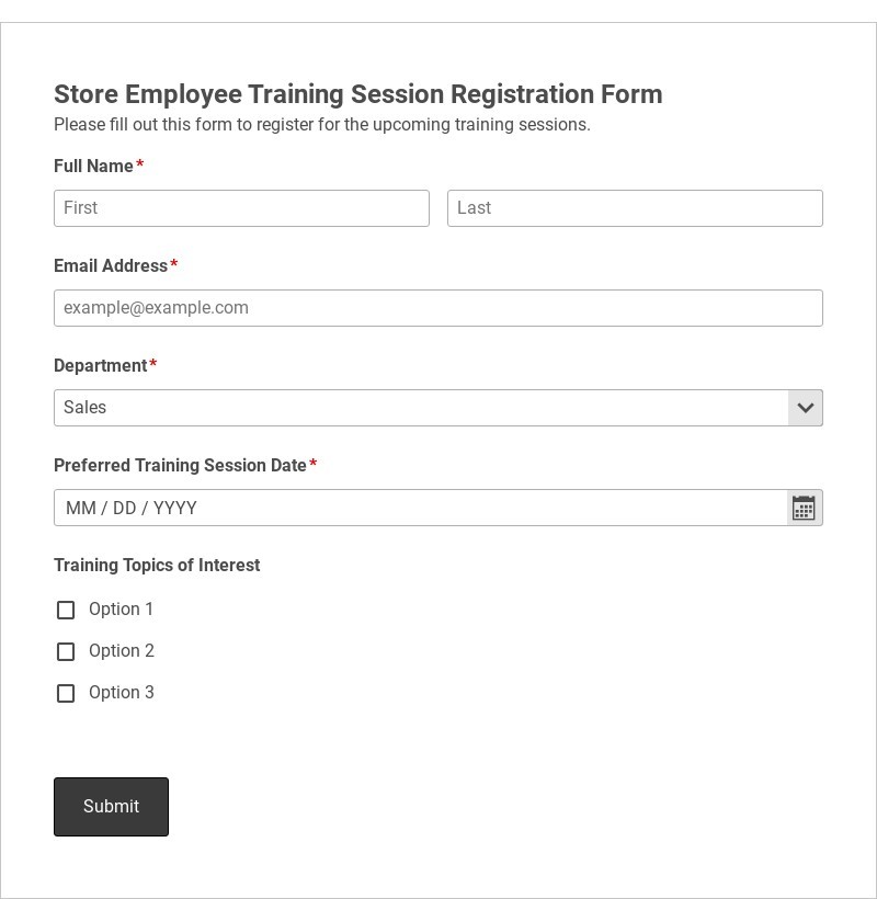 Store Employee Training Session Registration Form Template form template