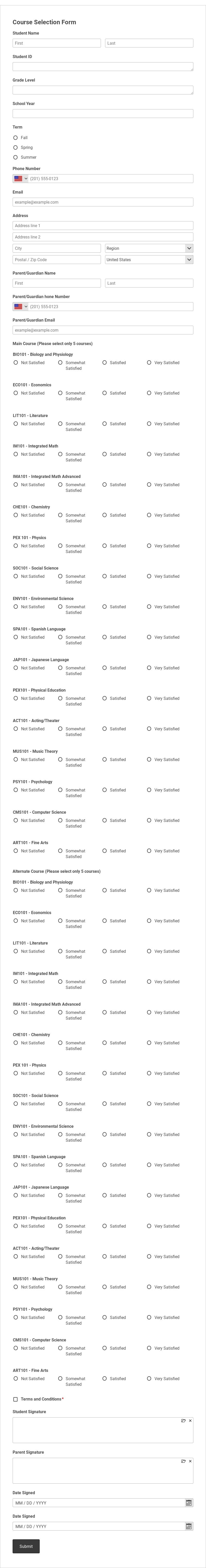 Course Selection Form Template form template