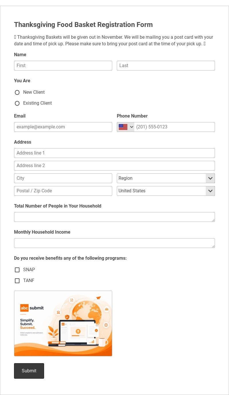 Thanksgiving Food Basket Registration Form Template