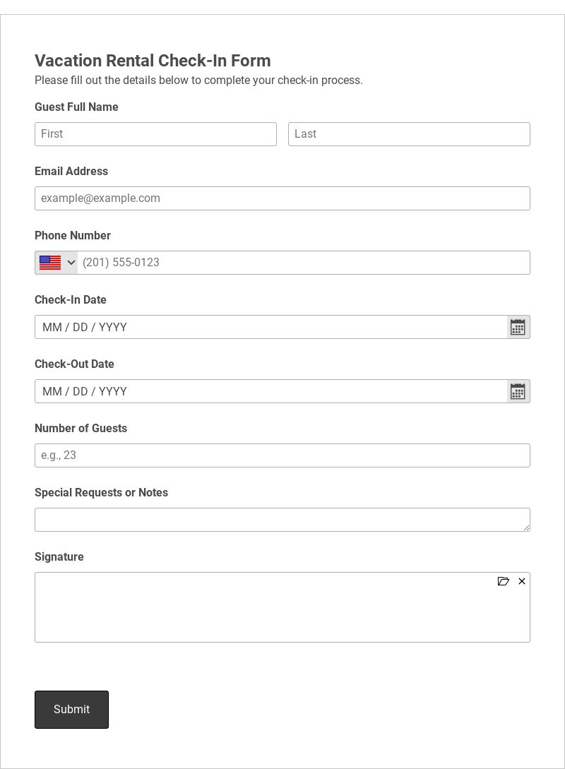 Vacation Rental Check-In Form Template form template
